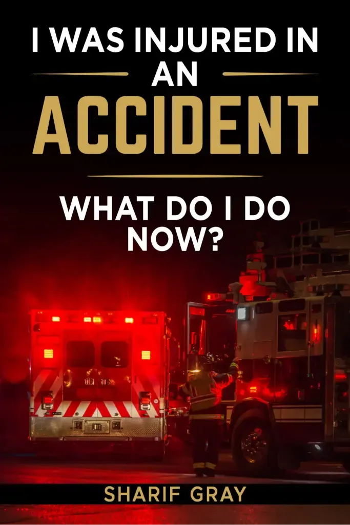Book cover titled "I Was Injured in an Accident, What Do I Do Now?" featuring a distressed person and accident imagery.