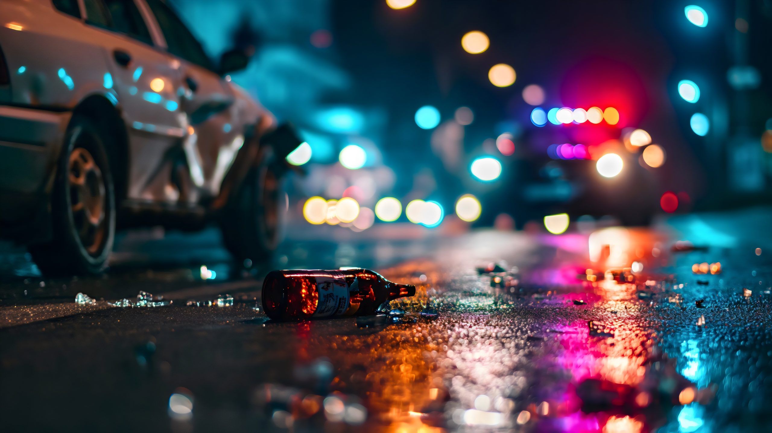 A bottle on the street at the scene of a traffic accident