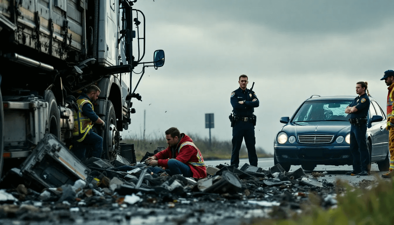 A truck accident scene with emergency services attending to the situation.