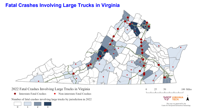 Map of fatal crashes involving trucks in Virginia. 